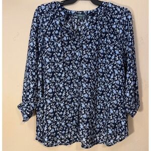 Terra & Sky Blouse Women 0X Blue Floral 3/4 Sleeve Button Top Boho NEW